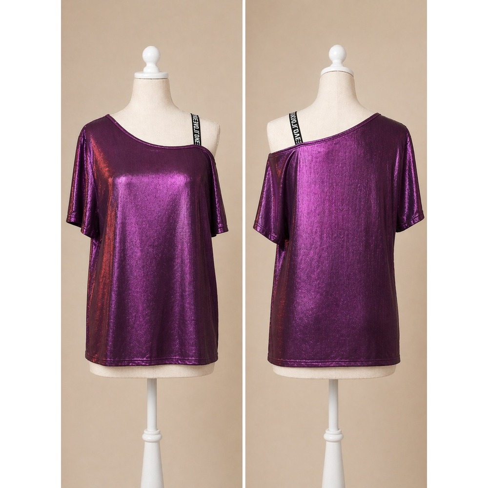 Y2K Metallic Purple Top L One Shoulder Cutout‎ Rave Festival Shirt